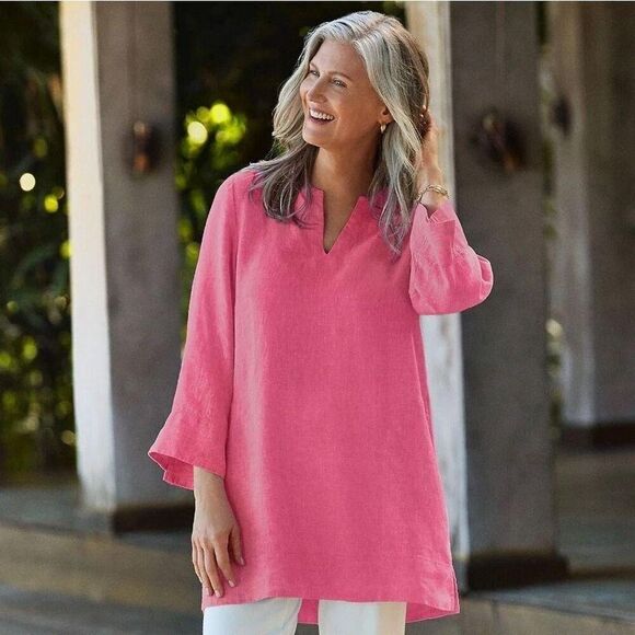 Lands End Linen Blend Top Tunic Sz 1X 3/4 Sleeve Pockets Notch Neck Red - Picture 2 of 11